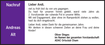 Traueranzeige von Andreas Alt von Bayerwald Echo