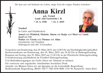 Traueranzeige von Anna Kirzl von Mittelbayerische Zeitung Regensburg