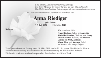 Traueranzeige von Anna Riediger von Mittelbayerische Zeitung Kelheim