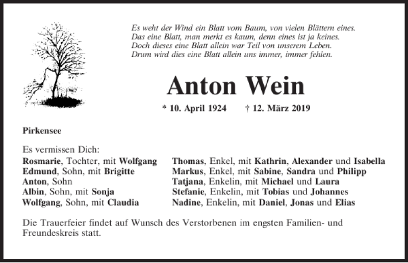  Traueranzeige für Anton Wein vom 18.03.2019 aus Mittelbayerische Zeitung Schwandorf