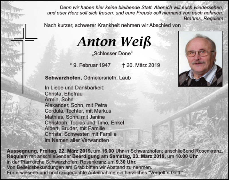  Traueranzeige für Anton Weiß vom 22.03.2019 aus Mittelbayerische Zeitung Schwandorf