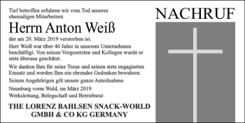 Traueranzeige von Anton Weiß von Mittelbayerische Zeitung Schwandorf