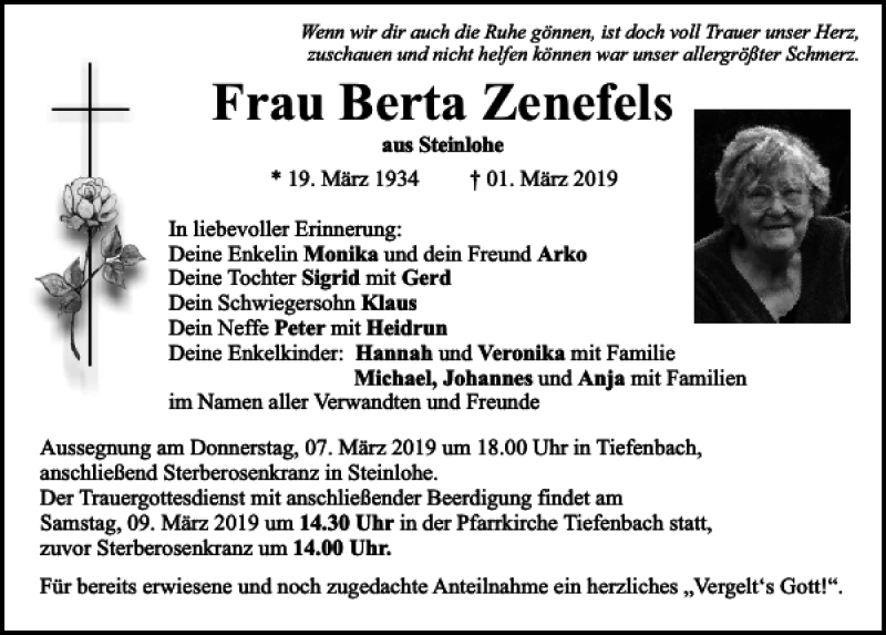  Traueranzeige für Berta Zenefels vom 06.03.2019 aus Bayerwald Echo