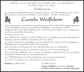 Traueranzeige von Carola Weißdorn von Mittelbayerische Zeitung Regensburg