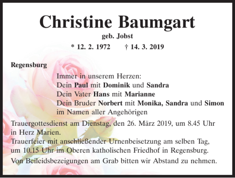  Traueranzeige für Christine Baumgart vom 23.03.2019 aus Mittelbayerische Zeitung Regensburg