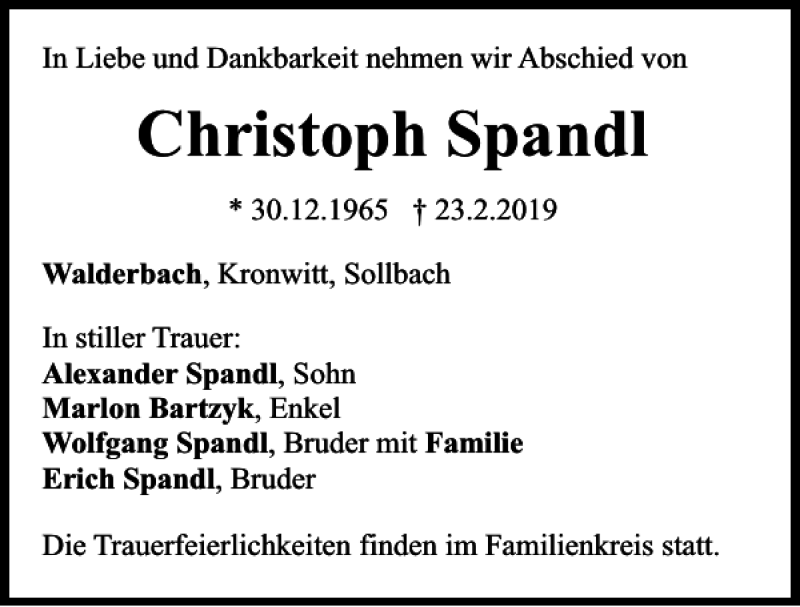  Traueranzeige für Christoph Spandl vom 08.03.2019 aus Bayerwald Echo