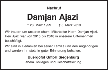 Traueranzeige von Damjan Ajazi von Mittelbayerische Zeitung Kelheim