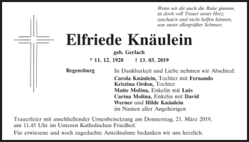 Traueranzeige von Elfriede Knäulein von Mittelbayerische Zeitung Regensburg