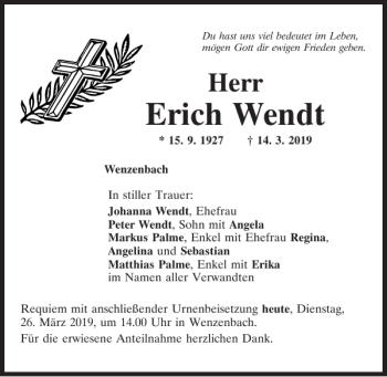 Traueranzeige von Erich Wendt von Mittelbayerische Zeitung Regensburg