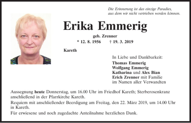  Traueranzeige für Erika Emmerig vom 21.03.2019 aus Mittelbayerische Zeitung Regensburg