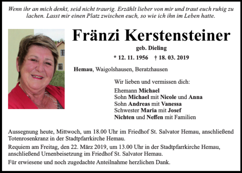  Traueranzeige für Franziska Kerstensteiner vom 20.03.2019 aus Mittelbayerische Zeitung Regensburg