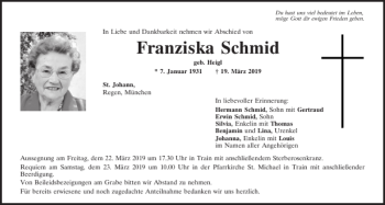 Traueranzeige von Franziska Schmid von Mittelbayerische Zeitung Kelheim