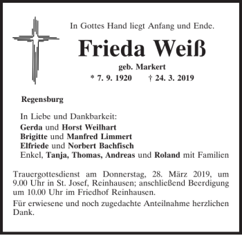 Traueranzeige von Frieda Weiß von Mittelbayerische Zeitung Regensburg