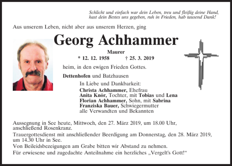  Traueranzeige für Georg Achhammer vom 27.03.2019 aus Neumarkter Tagblatt