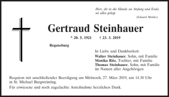 Traueranzeige von Gertraud Steinhauer von Mittelbayerische Zeitung Regensburg