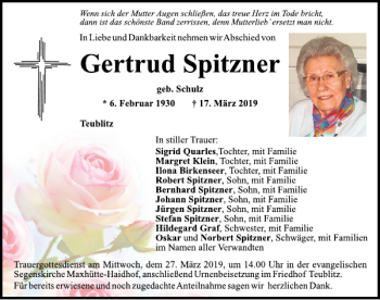 Traueranzeige von Gertrud Spitzner von Mittelbayerische Zeitung Schwandorf