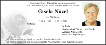 Traueranzeige von Gisela Nüzel von Mittelbayerische Zeitung Schwandorf