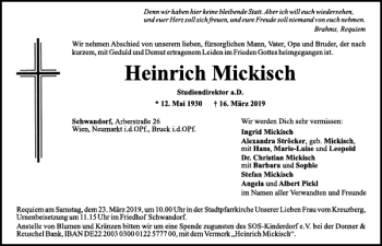 Traueranzeige von Heinrich Mickisch von Mittelbayerische Zeitung Schwandorf