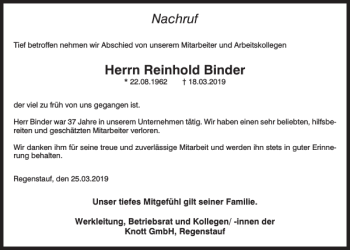 Traueranzeige von Herrn Reinhold Binder Nachruf von Mittelbayerische Zeitung Regensburg