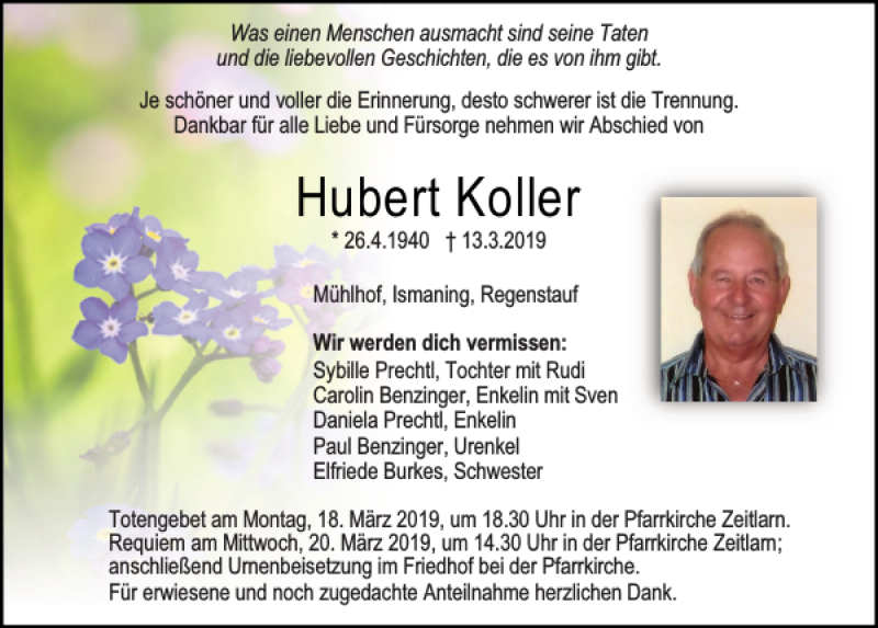  Traueranzeige für Hubert Koller vom 16.03.2019 aus Mittelbayerische Zeitung Regensburg