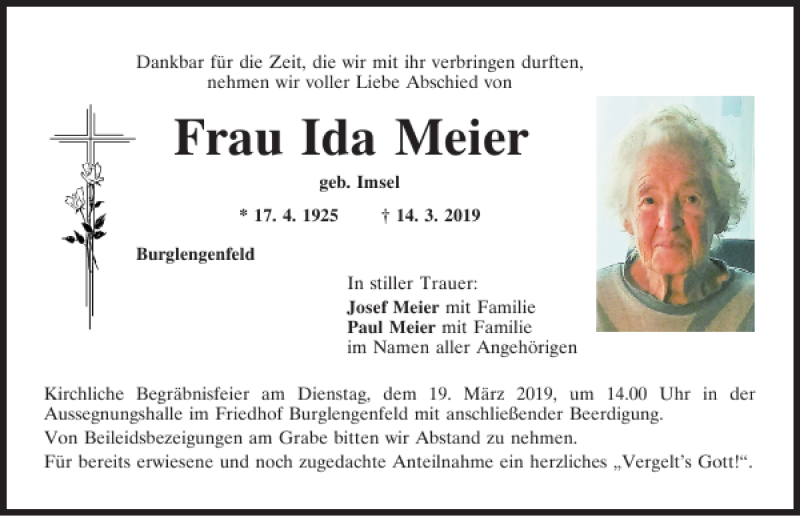  Traueranzeige für Ida Meier vom 16.03.2019 aus Mittelbayerische Zeitung Schwandorf