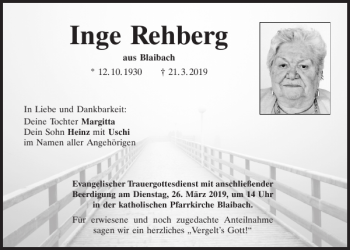 Traueranzeige von Inge Rehberg von Bayerwald Echo