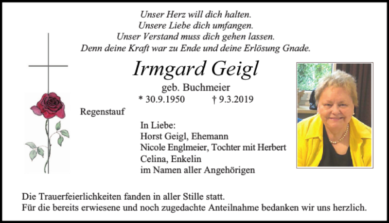  Traueranzeige für Irmgard Geigl vom 23.03.2019 aus Mittelbayerische Zeitung Regensburg