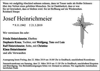 Traueranzeige von Josef Heinrichmeier von Neumarkter Tagblatt