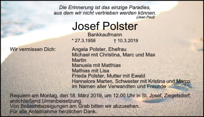  Traueranzeige für Josef Polster vom 13.03.2019 aus Mittelbayerische Zeitung Regensburg