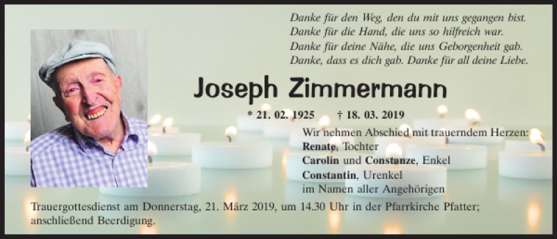  Traueranzeige für Joseph Zimmermann vom 20.03.2019 aus Mittelbayerische Zeitung Regensburg