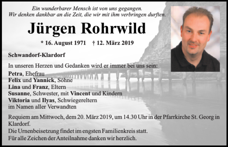  Traueranzeige für Jürgen Rohrwild vom 16.03.2019 aus Mittelbayerische Zeitung Schwandorf