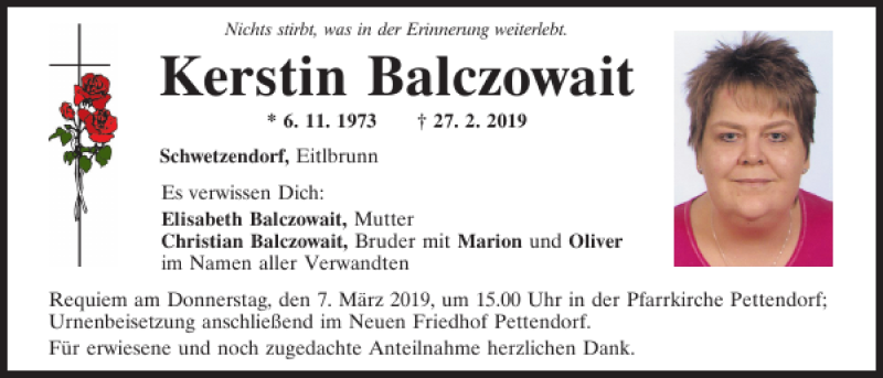  Traueranzeige für Kerstin Balczowait vom 02.03.2019 aus Mittelbayerische Zeitung Regensburg