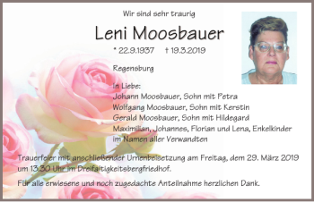 Traueranzeige von Leni Moosbauer von Mittelbayerische Zeitung Regensburg