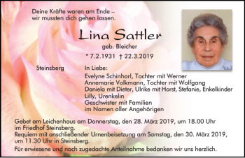 Traueranzeige von Lina Sattler von Mittelbayerische Zeitung Regensburg