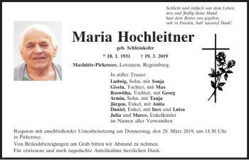 Traueranzeige von Maria Hochleitner von Mittelbayerische Zeitung Schwandorf