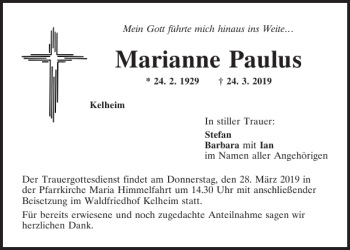 Traueranzeige von Marianne Paulus von Mittelbayerische Zeitung Kelheim