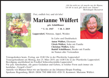 Traueranzeige von Marianne Wülfert von Mittelbayerische Zeitung Regensburg