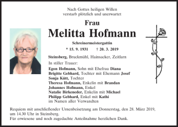 Traueranzeige von Melitta Hofmann von Mittelbayerische Zeitung Regensburg