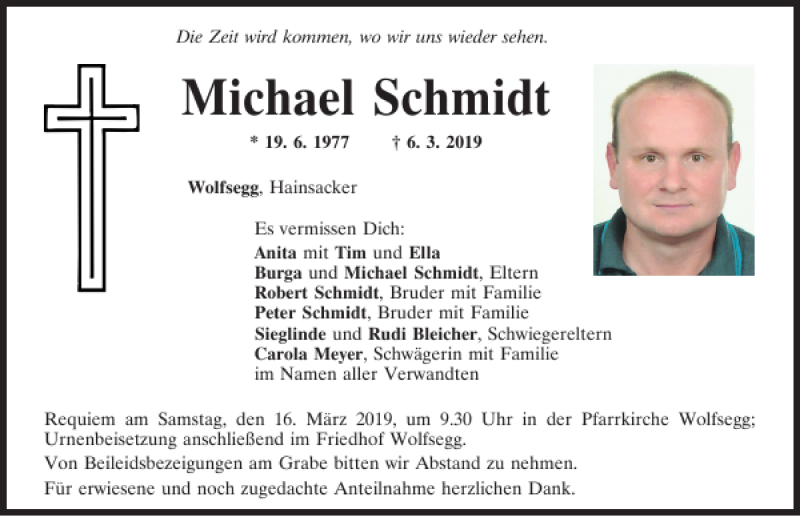  Traueranzeige für Michael Schmidt vom 13.03.2019 aus Mittelbayerische Zeitung Regensburg