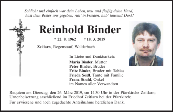 Traueranzeige von Reinhold Binder von Mittelbayerische Zeitung Regensburg