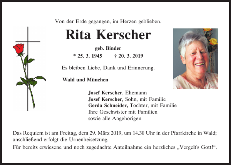  Traueranzeige für Rita Kerscher vom 26.03.2019 aus Bayerwald Echo