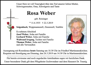 Traueranzeige von Rosa Weber von Bayerwald Echo