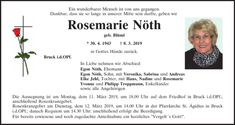  Traueranzeige für Rosemarie Nöth vom 09.03.2019 aus Mittelbayerische Zeitung Regensburg