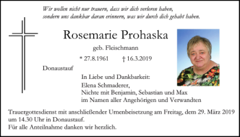 Traueranzeige von Rosemarie Prohaska von Mittelbayerische Zeitung Regensburg