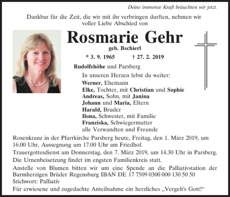  Traueranzeige für Rosmarie Gehr vom 01.03.2019 aus Neumarkter Tagblatt