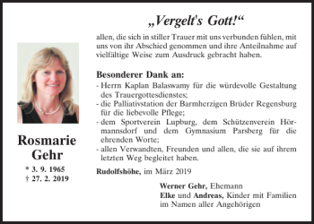 Traueranzeige von Rosmarie Gehr von Neumarkter Tagblatt