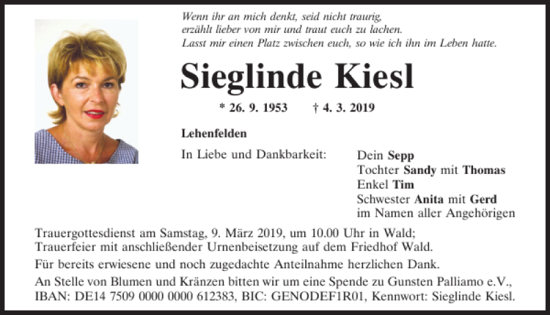  Traueranzeige für Sieglinde Kiesl vom 06.03.2019 aus Mittelbayerische Zeitung Regensburg