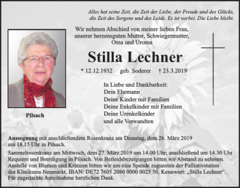 Traueranzeige von Stilla Lechner von Neumarkter Tagblatt