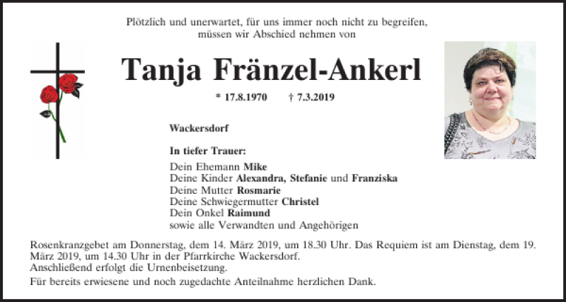  Traueranzeige für Tanja Fränzel-Ankerl vom 14.03.2019 aus Mittelbayerische Zeitung Schwandorf