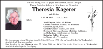 Traueranzeige von Theresia Kagerer von Mittelbayerische Zeitung Schwandorf